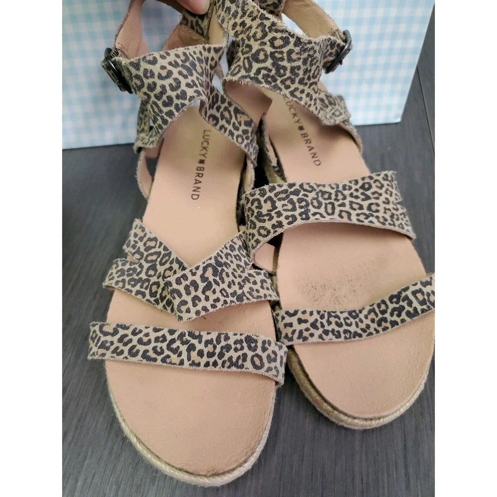 Lucky Brand Sandals Womens 7M Glaina Leopard‎ Print Strappy Woven Heel Boho